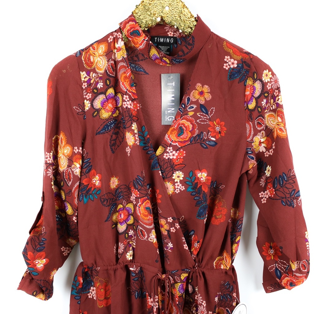 Red Floral Long Sleeve Drawstring Choker Romper - Picture 6 of 7